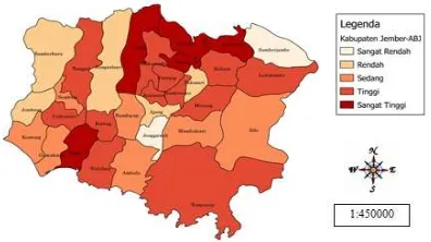 Gambar 3. Peta Distribusi Kepadatan Penduduk di Kabupaten Jember Tahun 2014