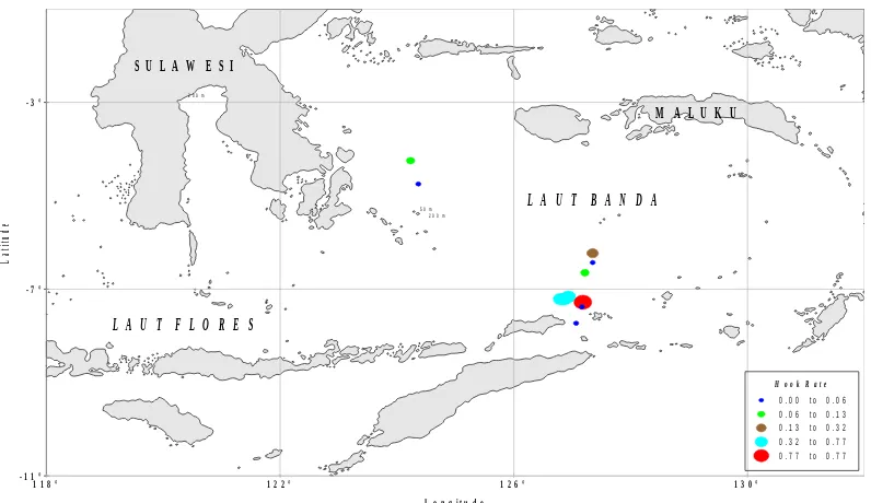 Gambar 7.  Daerah penangkapan dan hook rate tuna di perairan Laut Banda padabulan Februari.