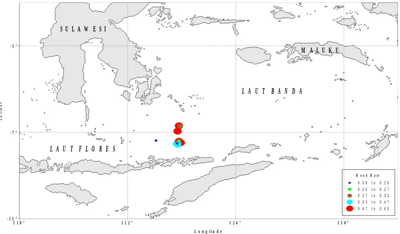 Gambar 3.  Daerah penangkapan dan hook rate tuna di perairan Laut Banda padabulan Oktober – November.