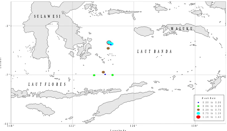 Gambar 5.  Daerah penangkapan dan hook rate tuna di perairan Laut Banda padabulan Desember.