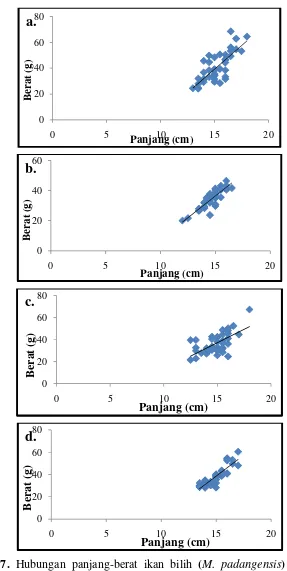 Gambar 7. Hubungan panjang-berat ikan bilih (M. padangensis) pada setiapstasiun penelitian a