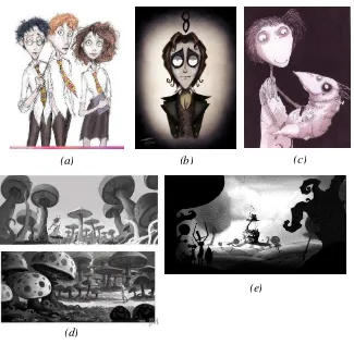 Gambar III.1 Refrensi gambar karya Tim Burton. Refrensi karakter (a), (b), dan (c). Refrensi Latar (d) dan (e)