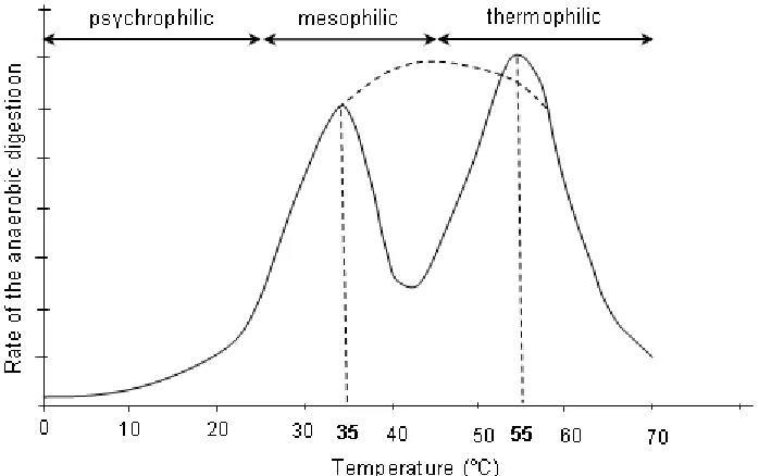 Figure 2.2 Influence of temperature on the rate of anaerobic digestion process. Optimum temperature for mesophilic around 30 – 40 °C and for thermophilic 50 – 60 °C  