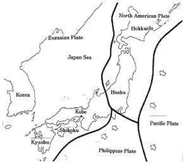 Gambar 1.2. Episentrum gempa Hanshin-Awaji dan wilayah yang mengalami kerusakan (Ukai T, 1996) 