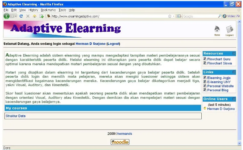 Figure 2. A front page of the adaptive e-learning system 