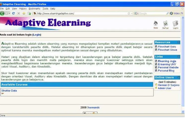 Gambar 12. Halaman depan e-learning adaptif yang masih asli 