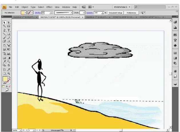 Gambar III.9 Sketsa gambar pasir,orang,laut,ikan,dan awan