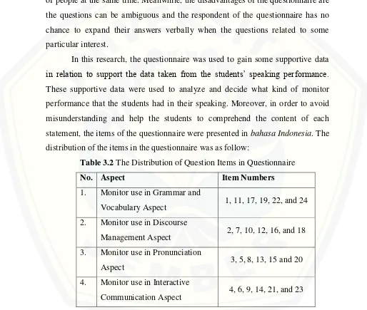 Table 3.2 The Distribution of Question Items in Questionnaire 