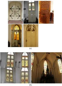 Gambar. 4.  (a) Tabernakel, (b) Mimbar, (c) Kursi Umat, (d) Altar, (e) Sedilia  