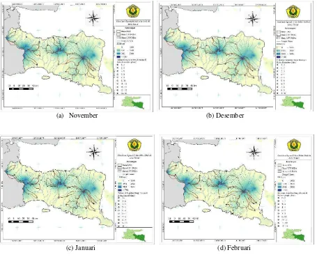 Gambar 6. Distribusi spasial frekuensi potensi kejadian banjir dari bulan November sampai dengan Maret 