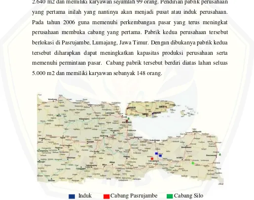 Gambar 4.1 Lokasi perusahaan dan cabang dalam peta Jawa Timur
