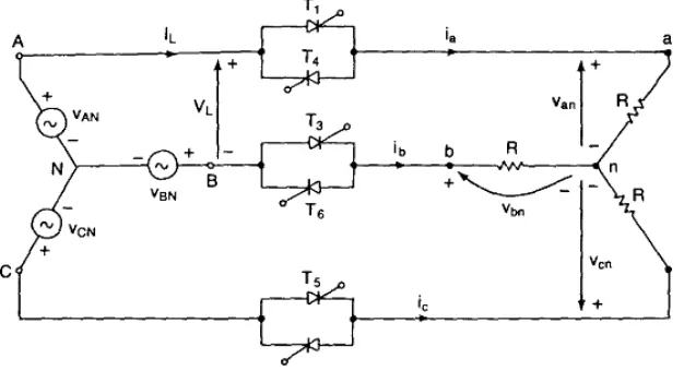 Gambar 2 Rangkaian AC Regulator Bidirectional Tiga Fasa(Sumber: Rashid, 1988: 154)