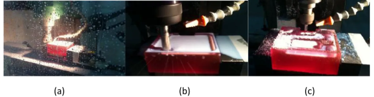 Gambar  9.  Hasil  tampilan  percobaan  pada  Mesin CNC  Milling (a).facing,(b).roughing, (c).finishing.