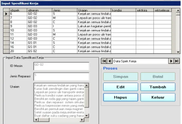 Gambar 9. Tampilan Form Spesifikasi Kerja pemeliharaan Mesin  3.2.7.  Tampilan Data Pelumasan Mesin 