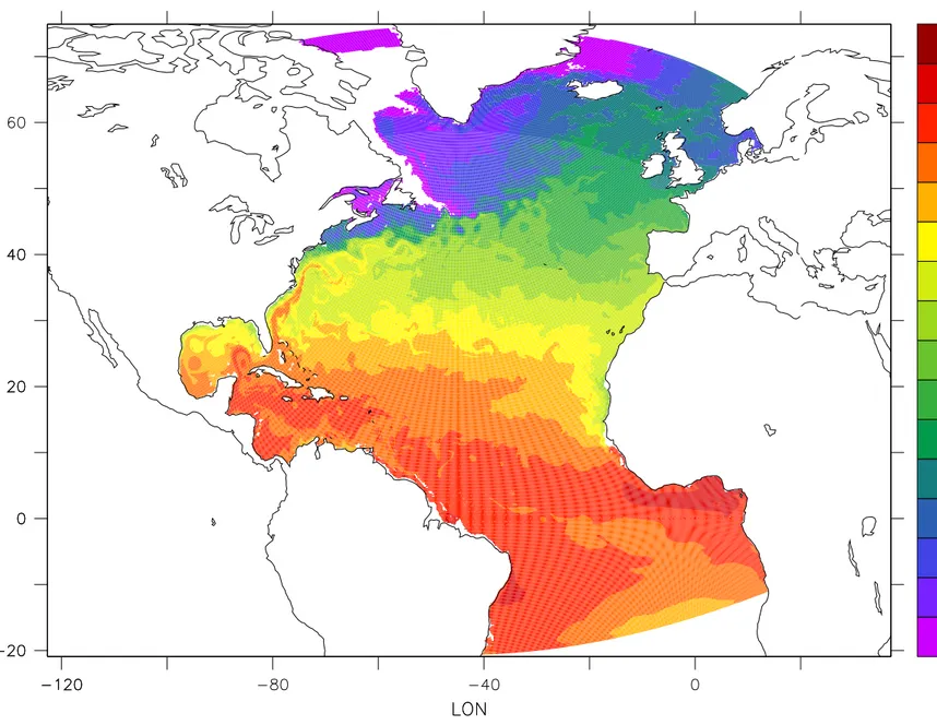 Figure 1.6: Instantaneous temperature map from a 1 6 ◦ simulation of the North Atlantic