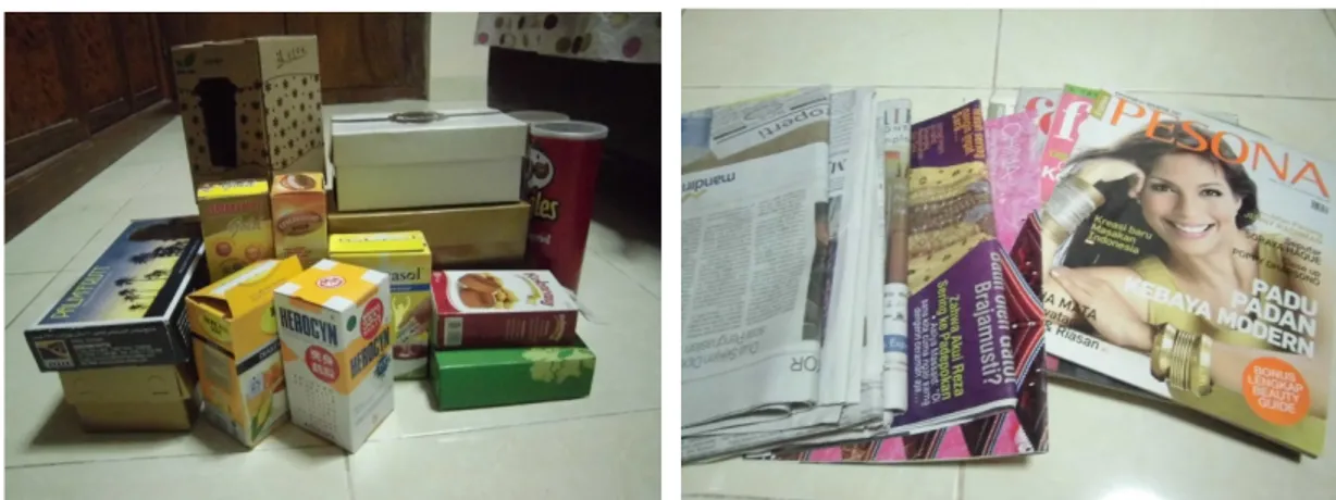 Gambar 1. Limbah rumah tangga yang terdiri atas  kardus, kaleng,  koran &amp; majalah bekas 
