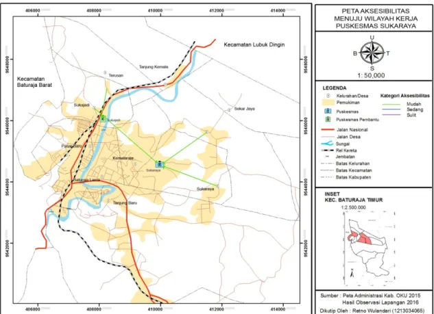 Gambar 5. Peta Aksesibilitas Menuju Wilayah Kerja Puskesmas Sukaraya, Kecamatan  Baturaja Timur Tahun 2016 