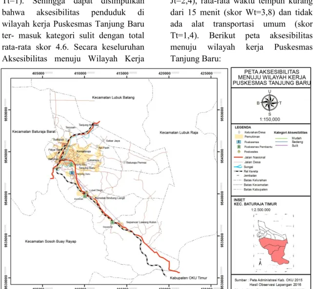Gambar  6.  Peta  Aksesibilitas  Menuju  Wilayah  Kerja  Puskesmas  Tanjung  Baru,  Kecamatan Baturaja Timur Tahun 2016 