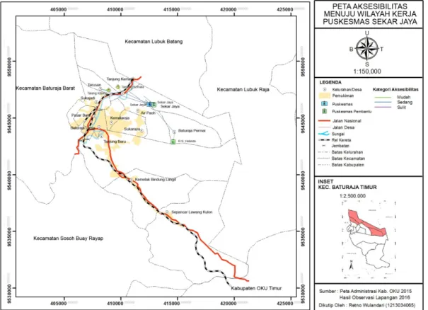 Gambar 7. Peta Aksesibilitas Menuju Wilayah Kerja Puskesmas Sekar Jaya, Kecamatan  Baturaja Timur Tahun 2016 