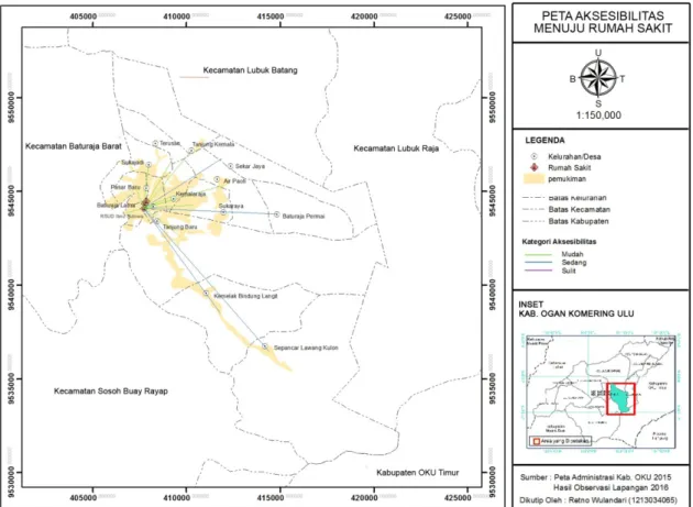 Gambar  3.  Peta  Aksesibilitas  Menuju  Rumah  Sakit  Kecamatan  Baturaja  Timur  Tahun  2016 