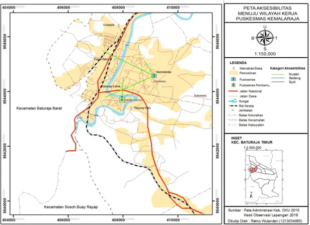 Gambar  4.  Peta  Aksesibilitas  Menuju  Wilayah  Kerja  Puskesmas  Kemalaraja,  Kecamatan Baturaja Timur Tahun 2016 