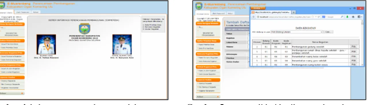 Gambar 4 halaman e-musrenbang untuk kecamatan Gambar 5 proses validasi hasil musrenbang kecamatan Pembangkitan aplikasi selanjutnya adalah pembangkitan untuk halaman pengguna dengan akses SKPD