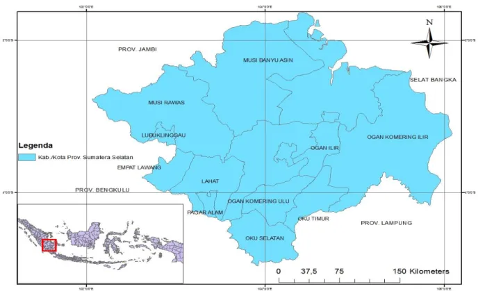 Gambar 1. Lokasi penelitian yang berada di 11 kabupaten/kota di Provinsi Sumatera Selatan  Indeks  kepadatan  nyamuk  pradewasa 
