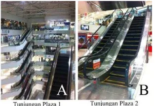 Gambar 13. Eskalator di  “Tunjungan Plaza” 1 (A) dan 2 (B) dengan konfigurasi paired dan stacked escalator  