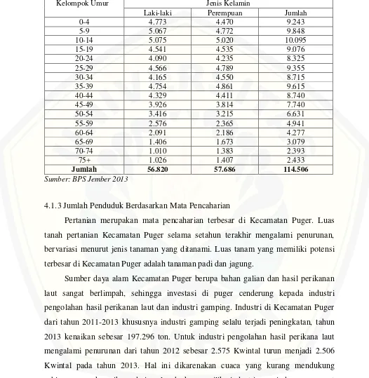 Tabel 4.2 Jumlah penduduk kecamatan Puger berdasarkan usia dan jenis kelamin  tahun 2010 