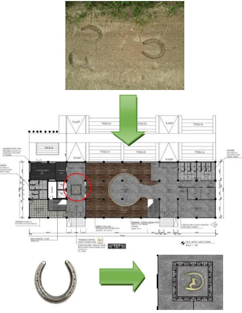 Gambar 10. Ilustrasi implementasi jejak tapal kuda dan material carutan  pada dinding ruang menonton VIP 