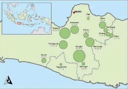 Gambar 1. Tempat asal sumber bahan baku kayu jati di Jepara selama bulan Juni 004 (Lazarovici & Schwartzemberg, 004)