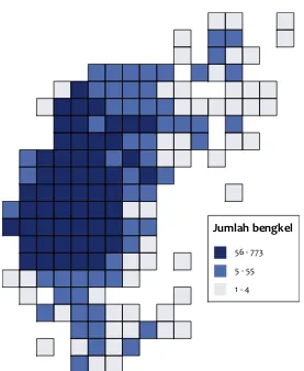 Gambar 2. Grid umum yang optimal dengan jumlah bengkel dalam setiap sel, masing-masing menurut  kali jumlah 1/ dari total jumlah perusahaan 