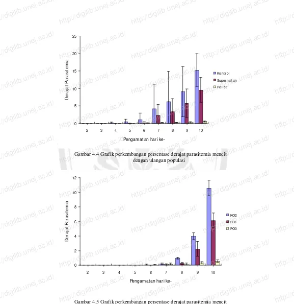 Gambar 4.4 Grafik perkembangan persentase derajat parasitemia mencit Pengamat an hari ke-http://digilib.unej.ac.id/dengan ulangan populasi 
