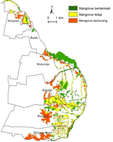 Gambar 4.  Perubahan ekosistem mangrove Pamurbaya tahun 2000 dan 2015 