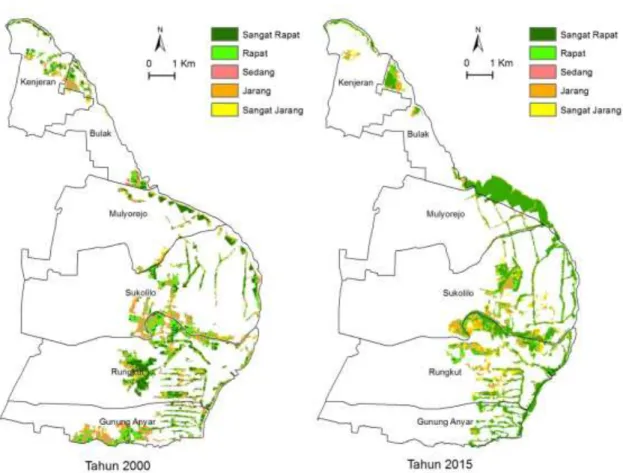 Gambar 6.  Perubahan kerapatan ekosistem mangrove Pamurbaya tahun 2000 dan 2015     