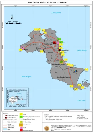 Gambar 1.1. Peta Administrasi Pulau Bangka  2.  Peta Obyek Wisata Alam Pulau Bangka  Peta obyek wisata alam Pulau Bangka ini  yaitu peta yang berisi lokasi dan atau titik  obyek wisata alam yang ada di Pulau Bangka