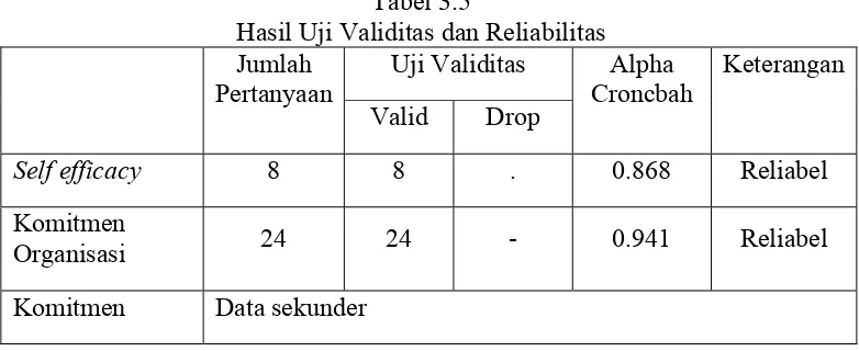 Tabel 3.5 Hasil Uji Validitas dan Reliabilitas 