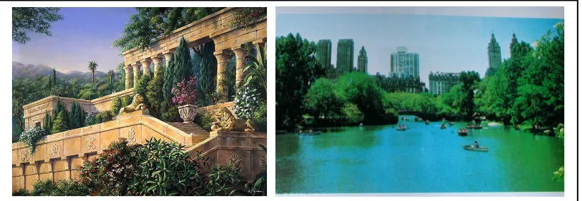 Gambar 2.1 Taman Gantung Babylonia, 3.500 SM (kiri) dan Central Park New Yok, 1858 (kanan) 