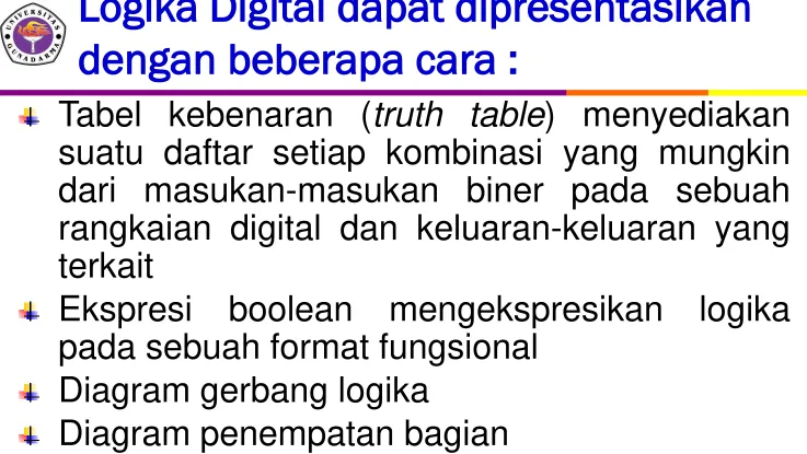 Tabel kebenaran (truth table) menyediakan 