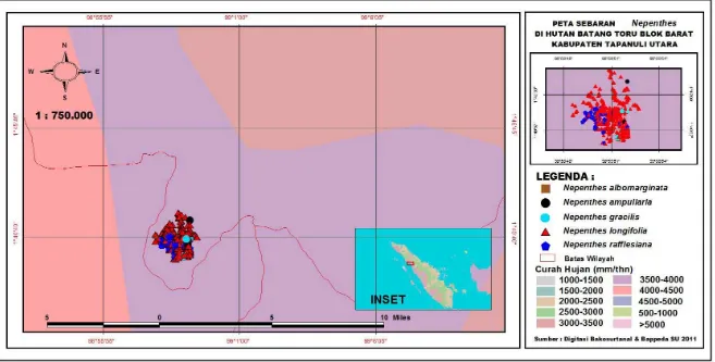 Gambar. 4. 1 Peta Persebaran Nepenthes spp. Berdasarkan Curah Hujan di Kawasan Stasiun Riset Hutan Batang Toru Blok Barat