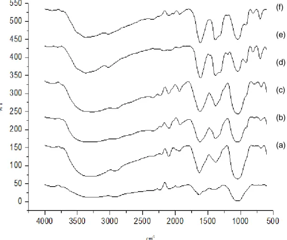 Gambar  2.  Spektrum  FTIR  adsorben  komposit    kitosan-karbon  beads  (a)  setelah  dikontakkan  dengan  Ce(IV),  (b)  setelah  didesorpsi  dengan  Na 2 EDTA  0,01  M  ,(c)  setelah  didesorpsi dengan Na 2 EDTA 0,025 M, (d) setelah didesorpsi dengan Na 