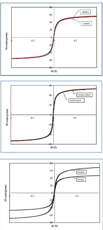 Gambar 6. Kurva histeresis magnetik nanopartikel setelah iradiasi 30 menit : (a). Ferrofluid-nitrat  FF-N ;                     (b)