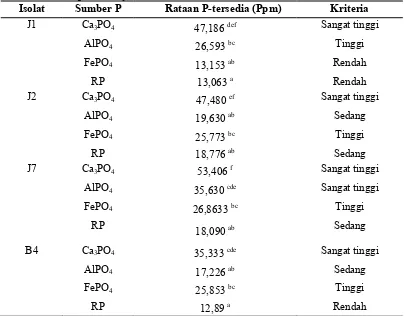 Tabel 4. Kemampuan isolat dalam melarutkan berbagai sumber fosfat dalam  media pikovskaya cair  