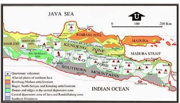 Gambar 1. Peta Fisiografi daerah Jawa Tengah dan Jawa Timur   (Van Bemmelen, 1949 dengan modifikasi dalam www.geomacnews.com) 
