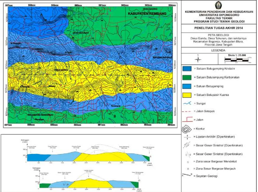 Gambar 3. Peta Geologi dan Profil Sayatan Geologi Daerah Penelitian 