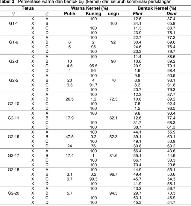 Tabel 3   Persentase warna dan bentuk biji (kernel) dari seluruh kombinasi persilangan  Tetua  Warna Kernel (%)  Bentuk Kernel (%)  ♀     ♂  Putih  Kuning  ungu  Flint  Dent 