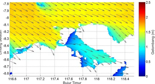 Gambar simulasi model gelombang seperti di  tunjukkan pada Gambar 5, memperlihatkan arah  gelombang pada musim peralihan satu yang terjadi  pada  sekitar  Febuari  sampai April
