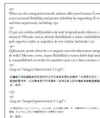 Figure 2-6 Portion of a ive-language web site using normal HTML code for the Roman languages and screen-captured graphic images to display the Chinese and Japanese translations