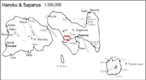 Gambar 1.   Peta  lokasi  penelitian  di  Desa  Booi,  Teluk  Saparua,  Kabupaten  Maluku  Tengah  (http://www.google.co.id/), tanpa koordinat 