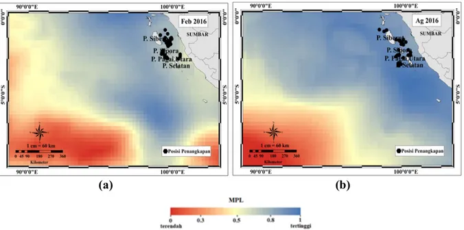 Gambar 8. Distribusi spasial hasil prediksi DPI tuna menggunakan model GAM pada musim  barat (a) dan musim timur (a) yang di overlay dengan posisi penangkapan tahun  2016